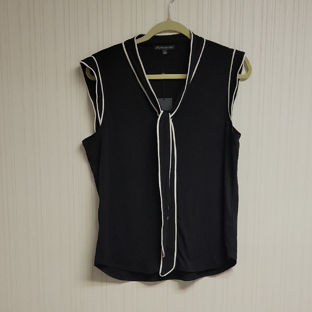 Adrianna Papell Black Ivory Tipped Tick Neck Blouse Small New Office Business
